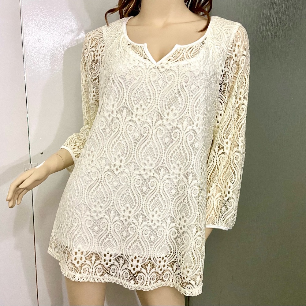 exc 2pc Valerie Stevens lace overlay tank top tunic stretch shirt 3/4 long sleev